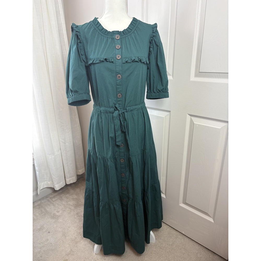 Sea New York Midi Dress Womens S Green Excellent Ruffle Tiered Puff Sleeve